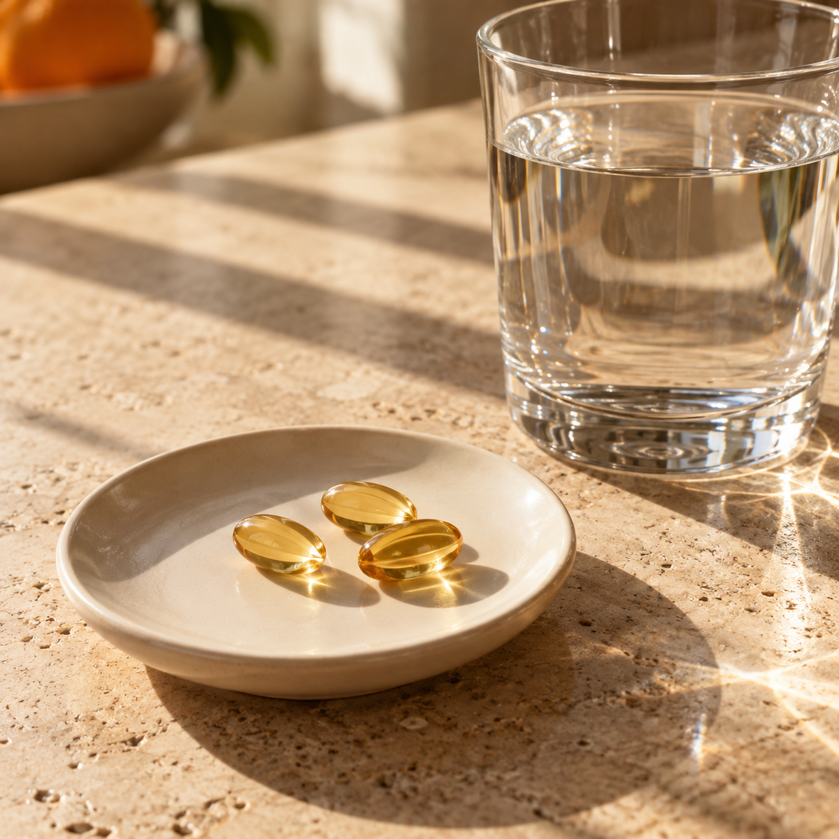 Golden softgels beside a glass of water